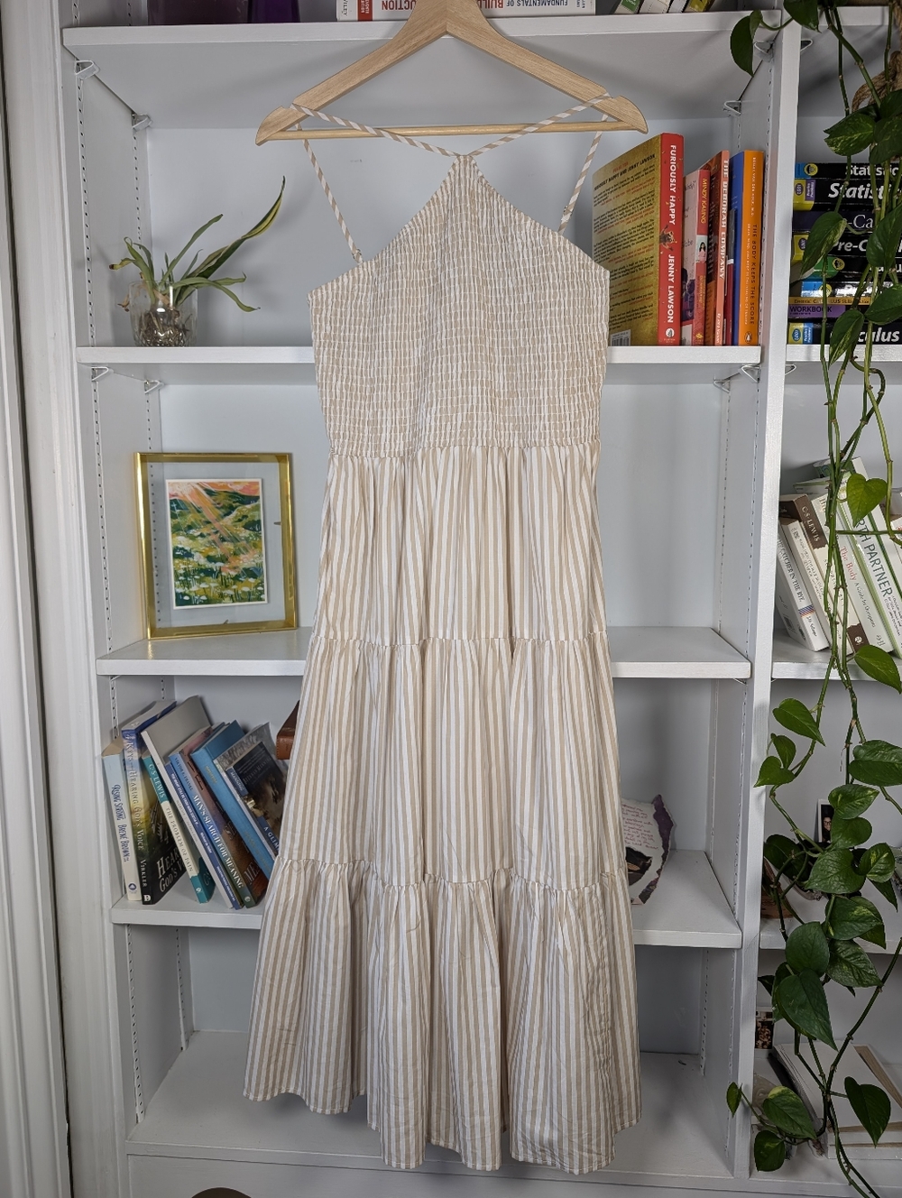 Halter Midi Dress Cream and Tan Striped Size Tiered Skirt Medium Sundress Beachy - Picture 1 of 7